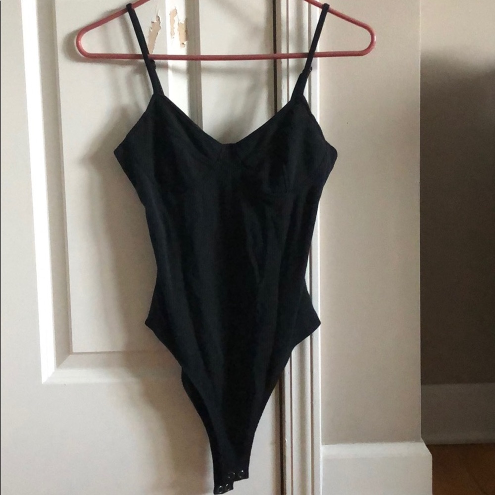 Black Ribbed Bodysuit with Cute Cup Detailing